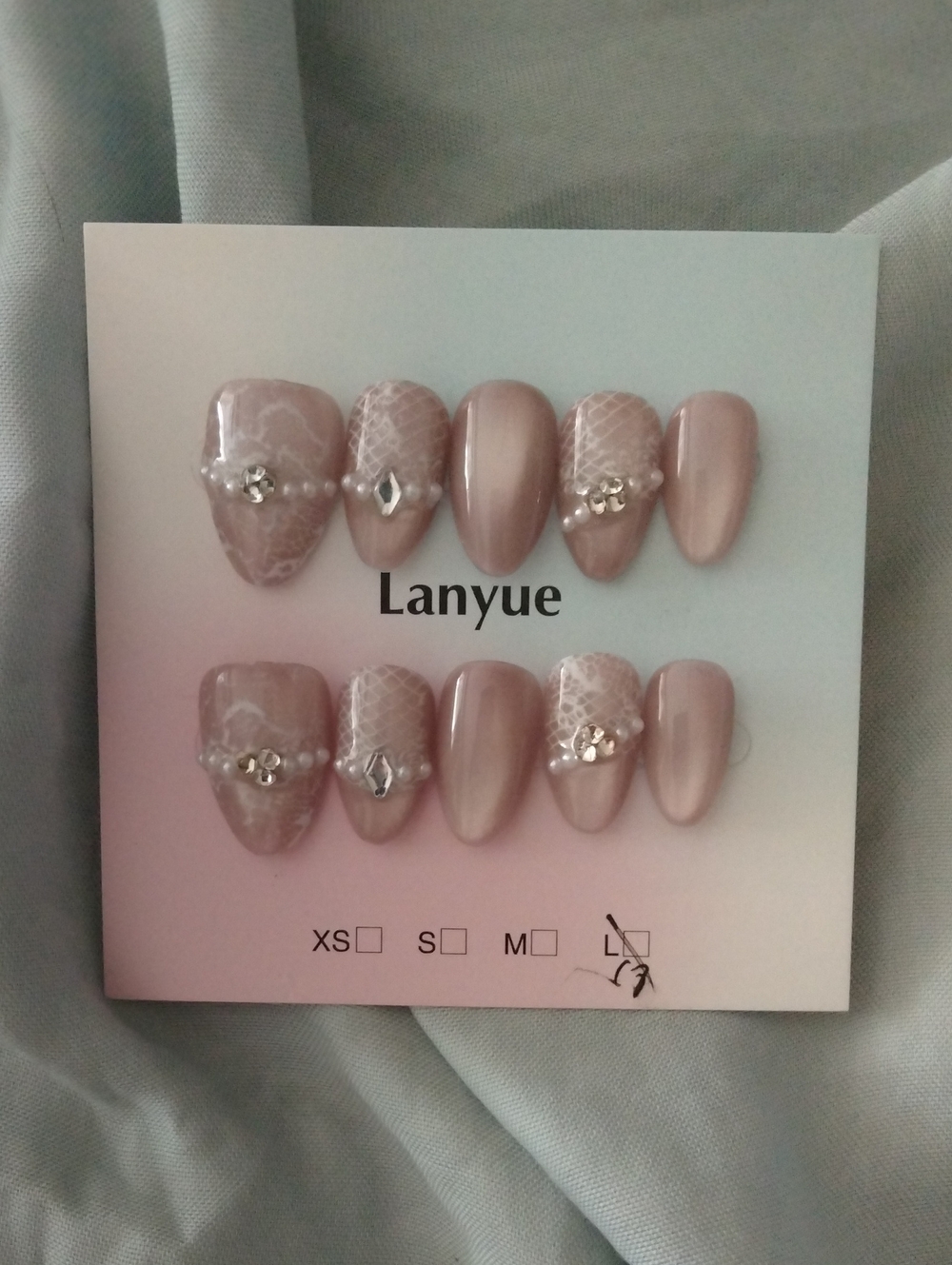 Lanyue Pink Nude Pearl & Rhinestone Press-On Nails - L